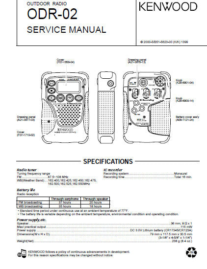 KENWOOD ODR-02 OUTDOOR RADIO SERVICE MANUAL INC PCBS SCHEM DIAGS AND PARTS LIST 16 PAGES ENG