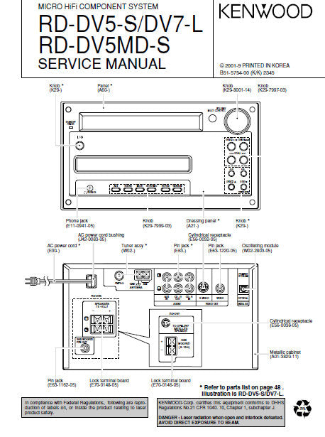 KENWOOD RD-DV5-S RD-DV7-L RD-DV5MD-S MICRO HIFI COMPONENT SYSTEM SERVICE MANUAL INC BLK DIAG PCBS SCHEM DIAGS AND PARTS LIST 61 PAGES ENG