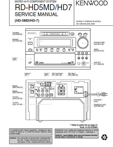 KENWOOD RD-HD5MD RD-HD7MD HD-5MD HD-7 MICRO HIFI COMPONENT SYSTEM SERVICE MANUAL INC PCBS SCHEM DIAGS AND PARTS LIST 44 PAGES ENG