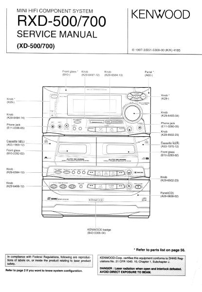 KENWOOD RXD-500 RXD-700 MINI HIFI COMPONENT SYSTEM SERVICE MANUAL INC BLK DIAG SCHEM DIAGS AND PARTS LIST 29 PAGES ENG
