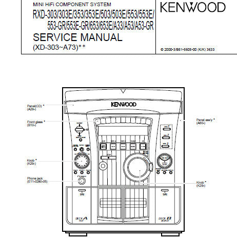 KENWOOD RXD-A33 RXD-303 RXD-303E RXD-353 RXD-353E RXD-503 RXD-503E RXD-553 RXD-553E RXD-553-GR RXD-E-GR RXD-653 RXD-653E RXD-A53 RXD-A53-GR MINI HIFI COMPONENT SYSTEM SERVICE MANUAL INC BLK DIAG WIRING DIAG PCB'S SCHEM DIAGS AND PARTS LIST 36 PAGES ENG