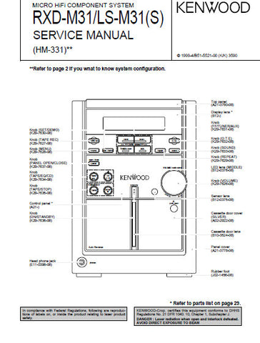 KENWOOD RXD-M31 RXD-LS-M31 (S) MICRO HIFI COMPONENT SYSTEM SERVICE MANUAL INC BLK DIAG PCBS SCHEM DIAGS AND PARTS LIST 27 PAGES ENG