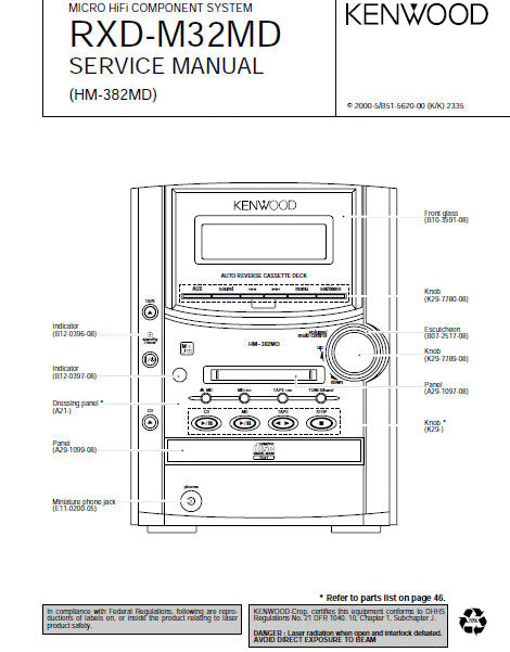 KENWOOD RXD-M32MD MICRO HIFI COMPONENT SYSTEM SERVICE MANUAL INC PCBS SCHEM DIAGS AND PARTS LIST 46 PAGES ENG