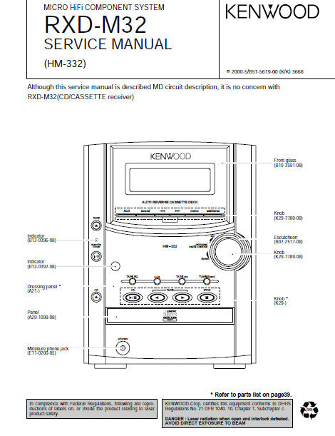 KENWOOD RXD-M32 MICRO HIFI COMPONENT SYSTEM SERVICE MANUAL INC PCBS SCHEM DIAGS AND PARTS LIST 39 PAGES ENG