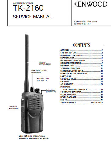 KENWOOD TK-2160 VHF FM TRANSCEIVER SERVICE MANUAL INC BLK DIAG PCBS SCHEM DIAGS AND PARTS LIST 42 PAGES ENG