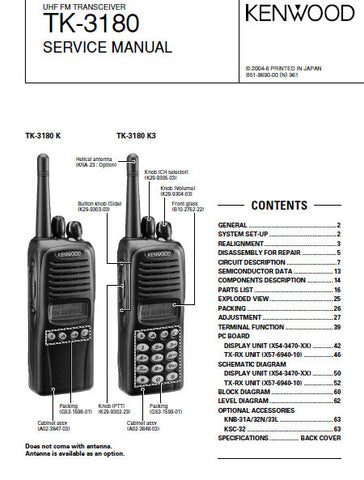 KENWOOD TK-3180 UHF FM TRANSCEIVER SERVICE MANUAL INC BLK DIAG PCBS SCHEM DIAG AND PARTS LIST 70 PAGES ENG