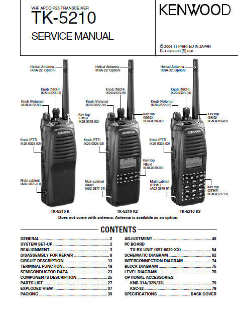 KENWOOD TK-5210 VHF APCO P25 TRANSCEIVER SERVICE MANUAL INC BLK DIAG PCBS SCHEM DIAG AND PARTS LIST 85 PAGES ENG