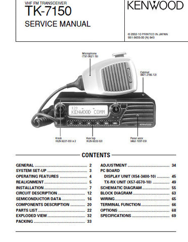KENWOOD TK-7150 TK-8150 VHF FM TRANSCEIVER SERVICE MANUAL INC BLK DIAG PCBS SCHEM DIAG AND PARTS LIST 58 PAGES ENG