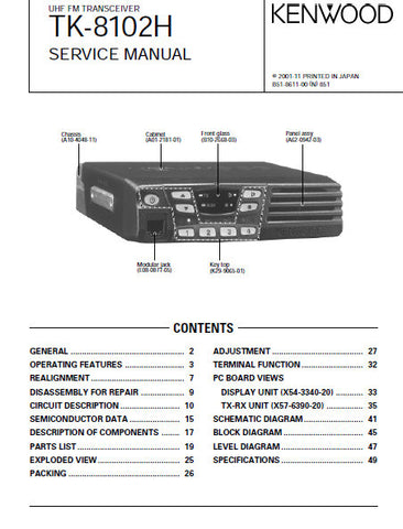 KENWOOD TK-8102H UHF FM TRANSCEIVER SERVICE MANUAL INC BLK DIAG PCBS SCHEM DIAG AND PARTS LIST 41 PAGES ENG