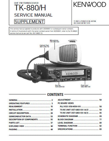KENWOOD TK-880 TK-880H UHF FM TRANSCEIVER SERVICE MANUAL INC BLK DIAG PCBS SCHEM DIAGS AND PARTS LIST 70 PAGES ENG