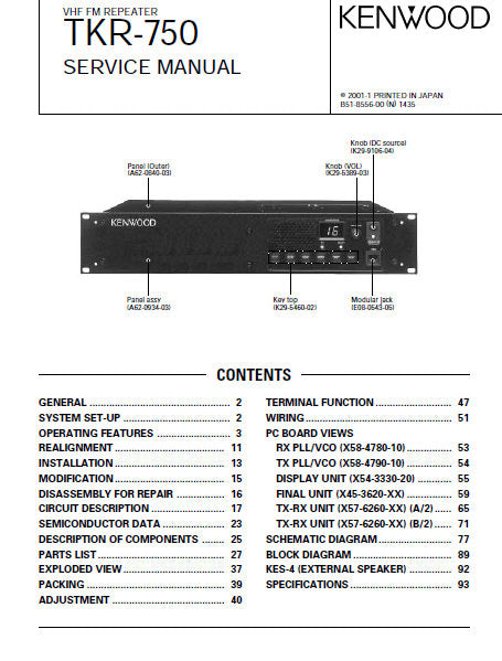 KENWOOD TKR-750 VHF FM REPEATER SERVICE MANUAL INC BLK DIAG PCBS SCHEM DIAG AND PARTS LIST 69 PAGES ENG