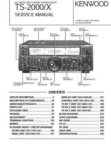 KENWOOD TS-2000 TS-2000X ALL MODE MULTI-BAND TRANSCEIVER SERVICE MANUAL INC BLK DIAG PCBS SCHEM DIAGS AND PARTS LIST 171 PAGES ENG