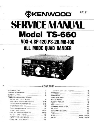 KENWOOD TS-660 VOX-4 SP-120 PS-20 MB-100 ALL MODE QUAD BANDER SERVICE MANUAL INC BLK DIAG PCBS SCHEM DIAG AND PARTS LIST 54 PAGES ENG