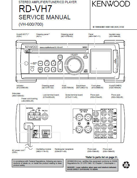 KENWOOD VH-700 VH-600 RD-VH7 STEREO AMPLIFIER TUNER CD PLAYER SERVICE MANUAL INC BLK DIAG PCBS SCHEM DIAG AND PARTS LIST 32 PAGES ENG