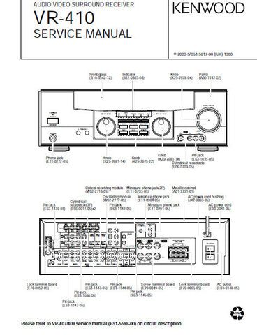 KENWOOD VR-410 AV SURROUND RECEIVER SERVICE MANUAL INC PCBS SCHEM DIAGS AND PARTS LIST 23 PAGES ENG