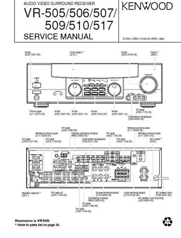 KENWOOD VR-505 VR-506 VR-507 VR-509 VR-510 VR-517 AV SURROUND RECEIVER SERVICE MANUAL INC PCBS SCHEM DIAGS AND PARTS LIST 35 PAGES ENG