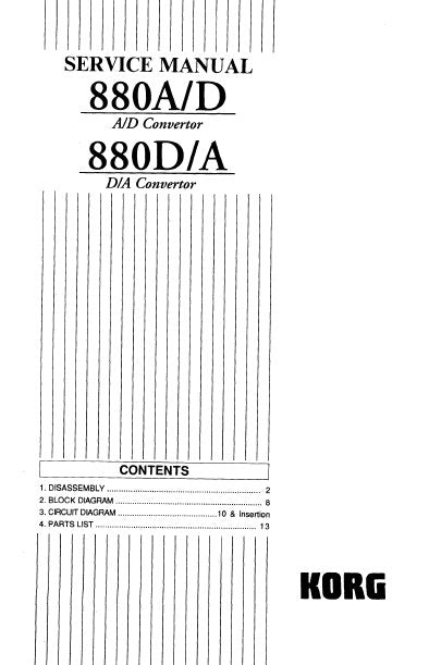 KORG 880A D AD CONVERTER 880D A DA CONVERTER SERVICE MANUAL INC BLK DIAG CIRC DIAG SCHEM DIAGS AND PARTS LIST 18 PAGES ENG
