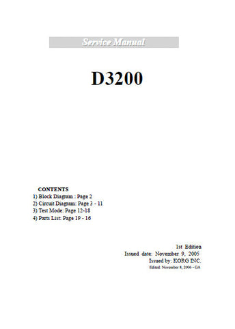 KORG D3200 DIGITAL RECORDING STUDIO SERVICE MANUAL INC BLK DIAG CIRC DIAG SCHEM DIAGS AND PARTS LIST 22 PAGES ENG
