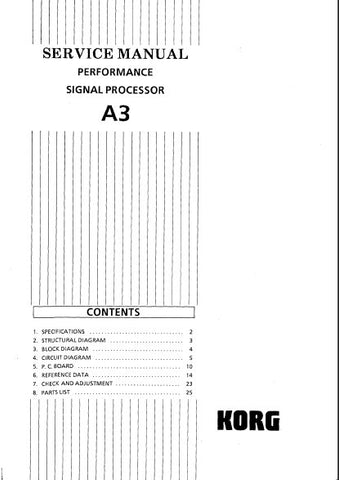 KORG A3 PERFORMANCE SIGNAL PROCESSOR SERVICE MANUAL INC BLK DIAG SCHEMS PCBS AND PARTS LIST 30 PAGES ENG