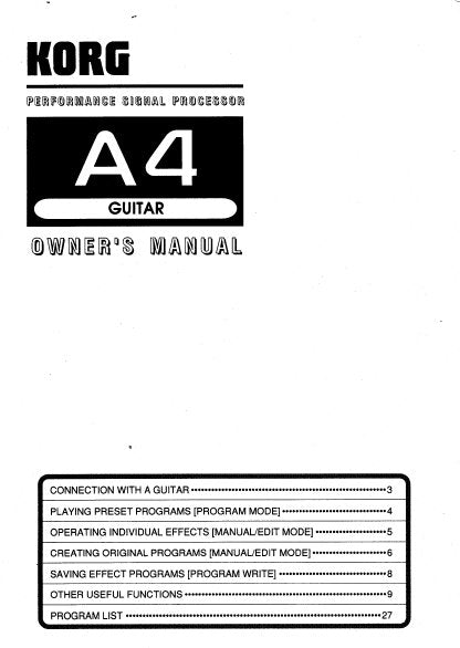 KORG A4 GUITAR PERFORMANCE SIGNAL PROCESSOR OWNER'S MANUAL INC CONN DIAG AND TRSHOOT GUIDE 31 PAGES ENG