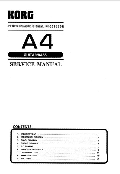 KORG A4 GUITAR BASS PERFORMANCE SIGNAL PROCESSOR SERVICE MANUAL INC BLK DIAG SCHEM DIAG PCBS AND PARTS LIST 34 PAGES ENG