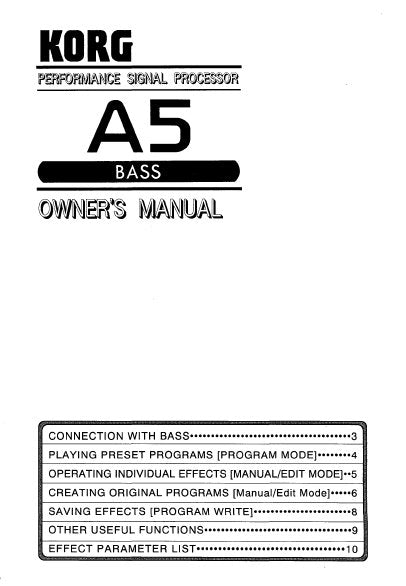 KORG A5 BASS PERFORMANCE SIGNAL PROCESSOR OWNER'S MANUAL INC CONN DIAG AND TRSHOOT GUIDE 17 PAGES ENG