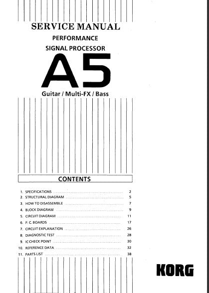 KORG A5 GUITAR MULTI FX BASS PERFORMANCE SIGNAL PROCESSOR SERVICE MANUAL INC BLK DIAGS SCHEMS PCBS AND PARTS LIST 35 PAGES ENG