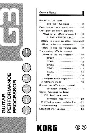 KORG G3 GUITAR PERFORMANCE PROCESSOR OWNER'S MANUAL INC CONN DIAG AND TRSHOOT GUIDE 27 PAGES ENG