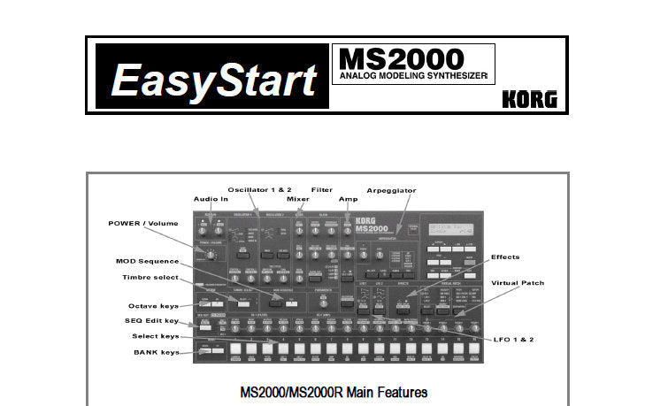 KORG MS2000 MS2000R ANALOG MODELING SYNTHESIZER EASY START INC TIPS AND TRICKS 6 PAGES ENG