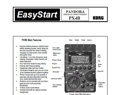 KORG PX4B PANDORA PERSONAL MULTI EFFECT PROCESSOR EASY START 4 PAGES ENG