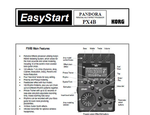 KORG PX4B PANDORA PERSONAL MULTI EFFECT PROCESSOR EASY START 4 PAGES E ...