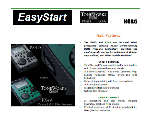 KORG PX4D PX4A PERSONAL MULTI EFFECT PROCESSOR EASY START PAGES ENG