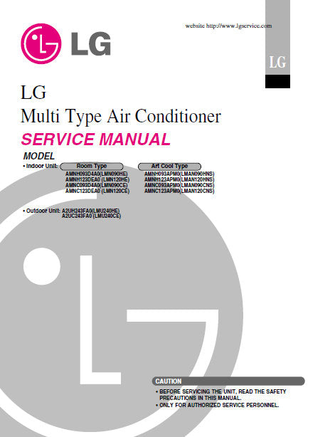 LG AMNH AMNC SERIES MULTI TYPE AIR CONDITIONER SERVICE MANUAL INC WIRING DIAG PCBS SCHEM DIAGS TRSHOOT GUIDE AND PARTS LIST 86 PAGES ENG