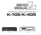 LUXMAN K-105 K-405 AUTO REVERSE STEREO CASSETTE TAPE DECK SERVICE MANUAL INC BLK DIAGS WIRING DIAG SCHEMS PCBS AND PARTS LIST 45 PAGES ENG