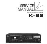 LUXMAN K-92 STEREO CASSETTE TAPE DECK SERVICE MANUAL INC BLK DIAGS SCHEMS PCBS AND PARTS LIST 30 PAGES ENG