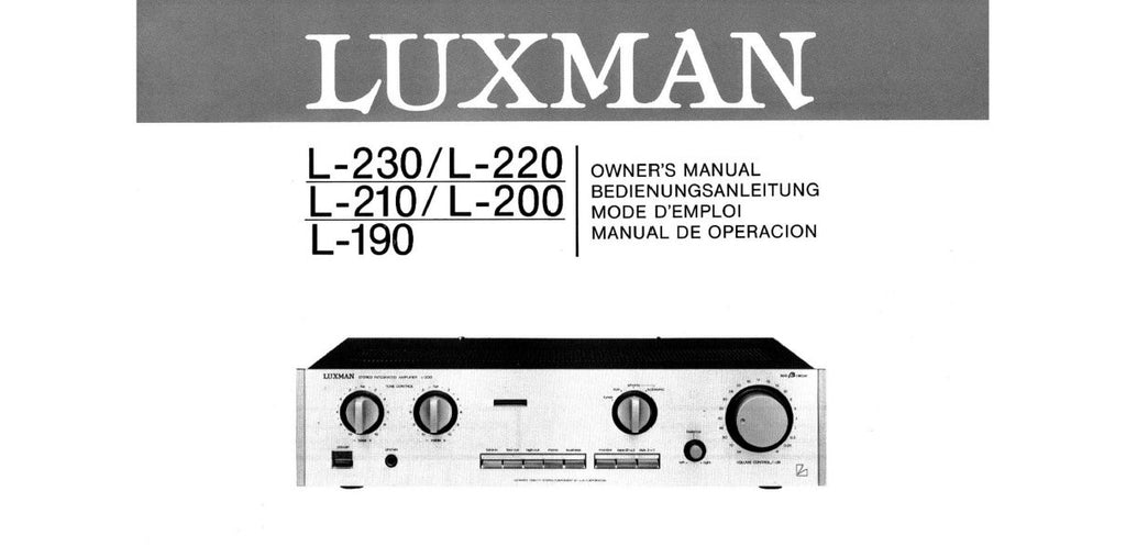 LUXMAN L-190 L-200 L-210 L-220 L-230 STEREO INTEGRATED AMP OWNER'S MANUAL INC CONN DIAG AND BLK DIAG 16 PAGES ENG DEUT FRANC ESP