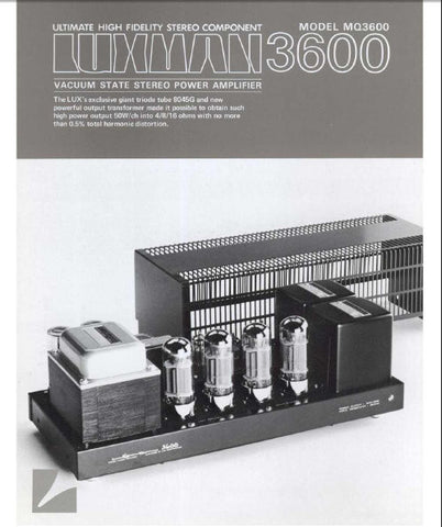 LUXMAN MQ-3600 VACUUM STATE STEREO POWER AMP BROCHURE WITH SCHEMATIC DIAGRAM 2 PAGES ENG