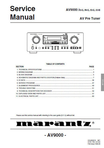 MARANTZ AV9000 AV PRE TUNER SERVICE MANUAL INC BLK DIAG PCBS SCHEM DIAGS AND PARTS LIST 49 PAGES ENG