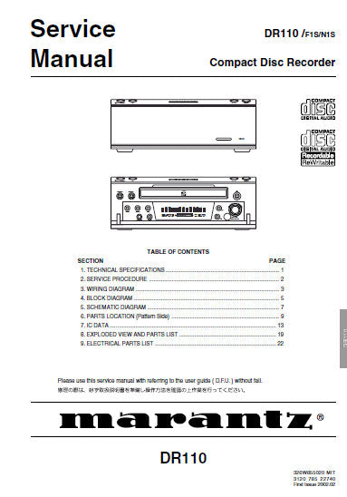 MARANTZ DR110 CD RECORDER SERVICE MANUAL INC BLK DIAG PCBS SCHEM DIAG AND PARTS LIST 21 PAGES ENG