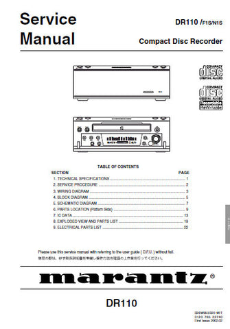 MARANTZ DR110 CD RECORDER SERVICE MANUAL INC BLK DIAG PCBS SCHEM DIAG AND PARTS LIST 21 PAGES ENG