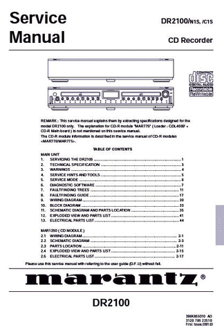 MARANTZ DR2100 CD RECORDER SERVICE MANUAL INC BLK DIAG PCBS SCHEM DIAG AND PARTS LIST 53 PAGES ENG