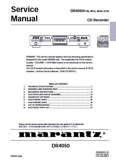 MARANTZ DR4050 CD RECORDER SERVICE MANUAL INC BLK DIAG PCBS SCHEM DIAGS AND PARTS LIST 64 PAGES ENG