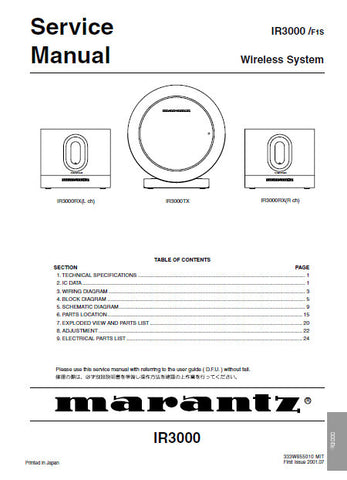 MARANTZ IR3000 WIRELESS SYSTEM SERVICE MANUAL INC BLK DIAG PCBS SCHEM DIAGS AND PARTS LIST 25 PAGES ENG