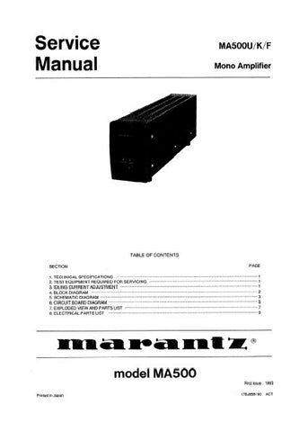 MARANTZ MA500 MA500U MONO AMPLIFIER SERVICE MANUAL INC BLK DIAG PCBS SCHEM DIAGS AND PARTS LIST 12 PAGES ENG