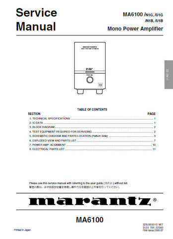 MARANTZ MA6100 MONO POWER AMPLIFIER SERVICE MANUAL INC BLK DIAG PCBS SCHEM DIAG AND PARTS LIST 11 PAGES ENG