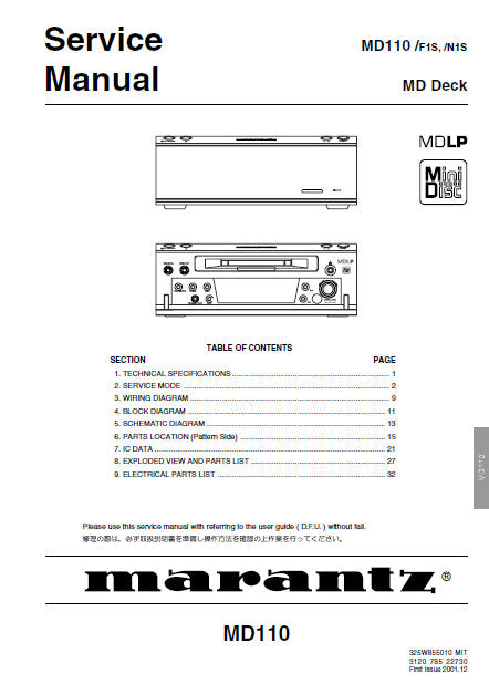 MARANTZ MD110 MD DECK SERVICE MANUAL INC BLK DIAG PCBS SCHEM DIAG AND PARTS LIST 30 PAGES ENG