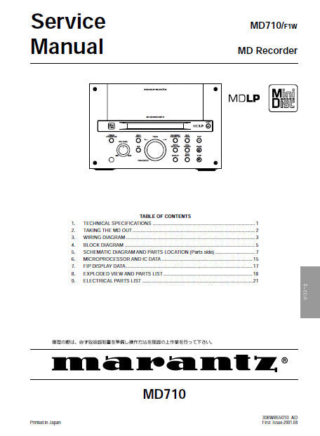 MARANTZ MD710 MD RECORDER SERVICE MANUAL INC BLK DIAG PCBS SCHEM DIAGS AND PARTS LIST 17 PAGES ENG