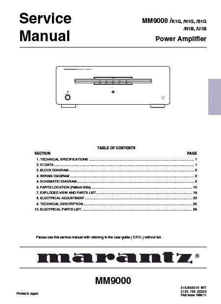 MARANTZ MM9000 POWER AMPLIFIER SERVICE MANUAL INC BLK DIAG PCBS SCHEM DIAGS AND PARTS LIST 22 PAGES ENG