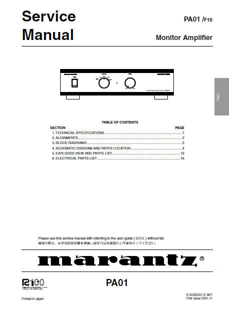MARANTZ PA01 MONITOR AMPLIFIER SERVICE MANUAL INC BLK DIAG PCBS SCHEM DIAGS AND PARTS LIST 15 PAGES ENG