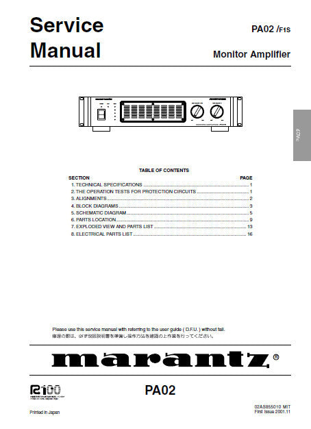 MARANTZ PA02 MONITOR AMPLIFIER SERVICE MANUAL INC BLK DIAG PCBS SCHEM DIAGS AND PARTS LIST 15 PAGES ENG